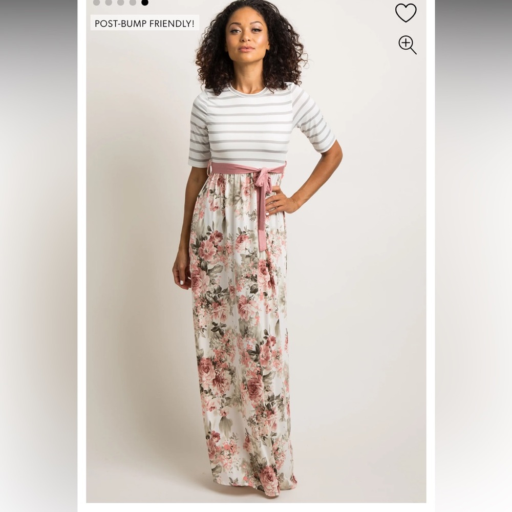 NWOT Pink Blush Ivory Striped Colorblock Floral Maternity Maxi Dress size Medium